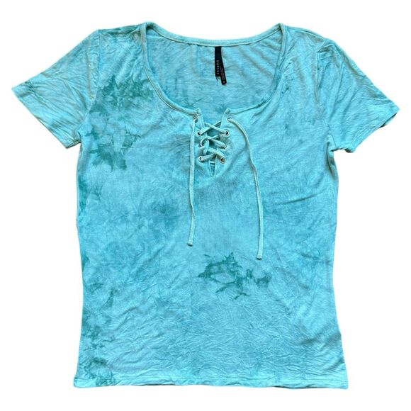 Women's S Empyre Blue Green Tie Dye Short Sleeve Shirt Small Lace Up Front Tee - Picture 1 of 7
